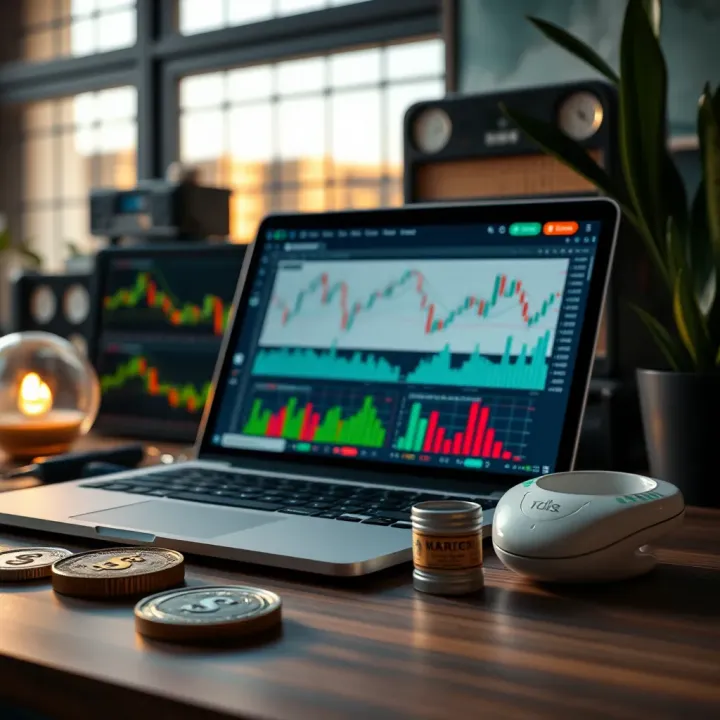 Collection of forex trading tools including laptop with charts, currency symbols, and risk management icons