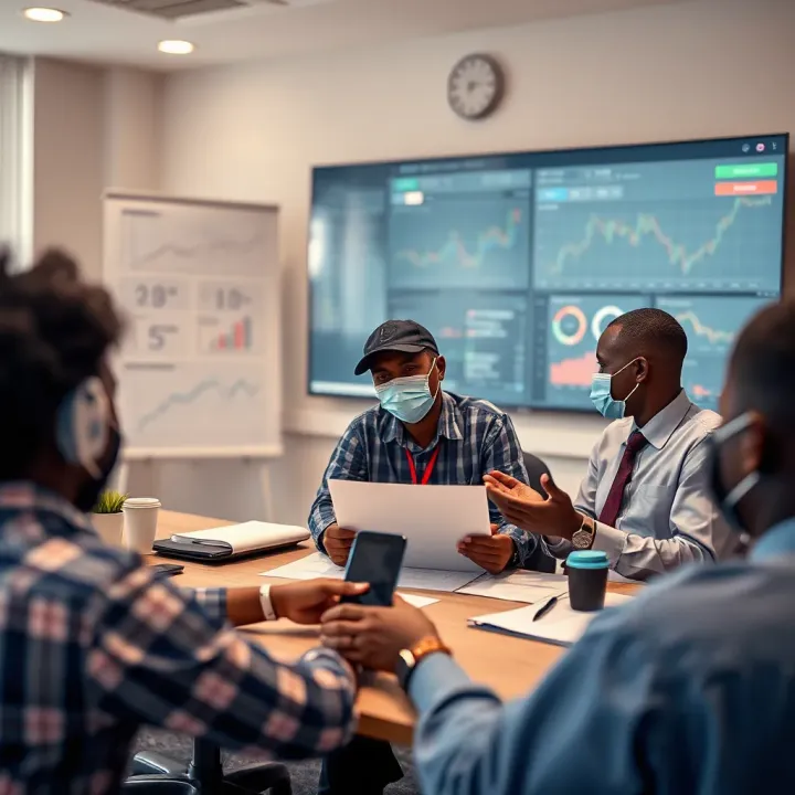 Kenyan government officials coordinating public health responses with data charts and communication tools