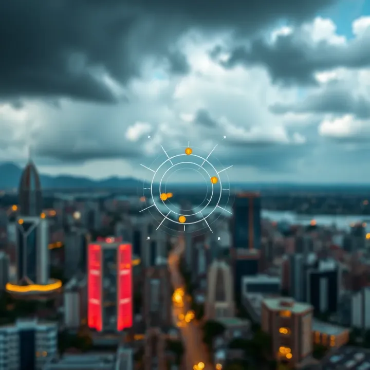 City skyline with weather radar showing storm patterns indicating natural disaster monitoring
