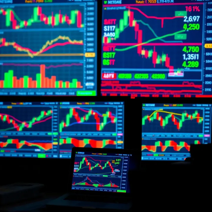 Illustration of forex market charts and currency pairs displayed on multiple screens