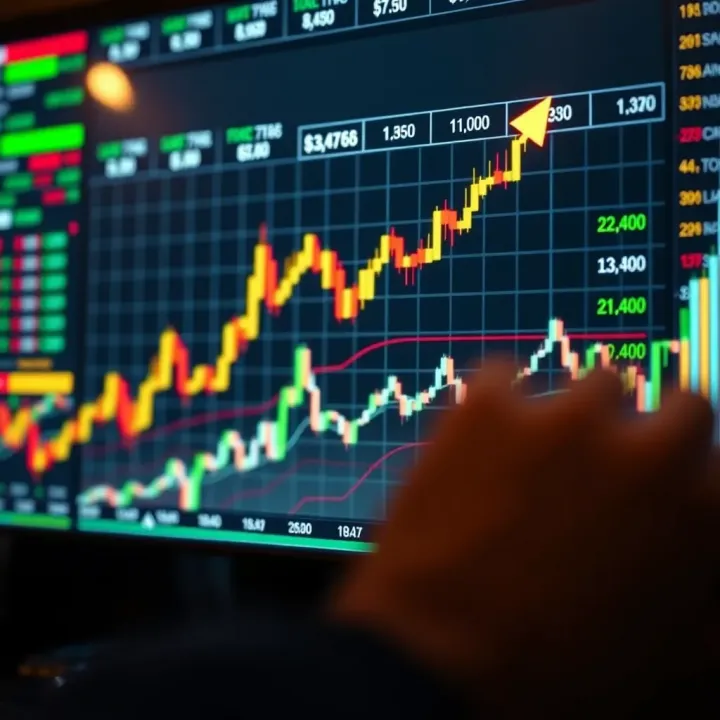 Graph showing upward trend in binary options trading with financial charts and a digital interface