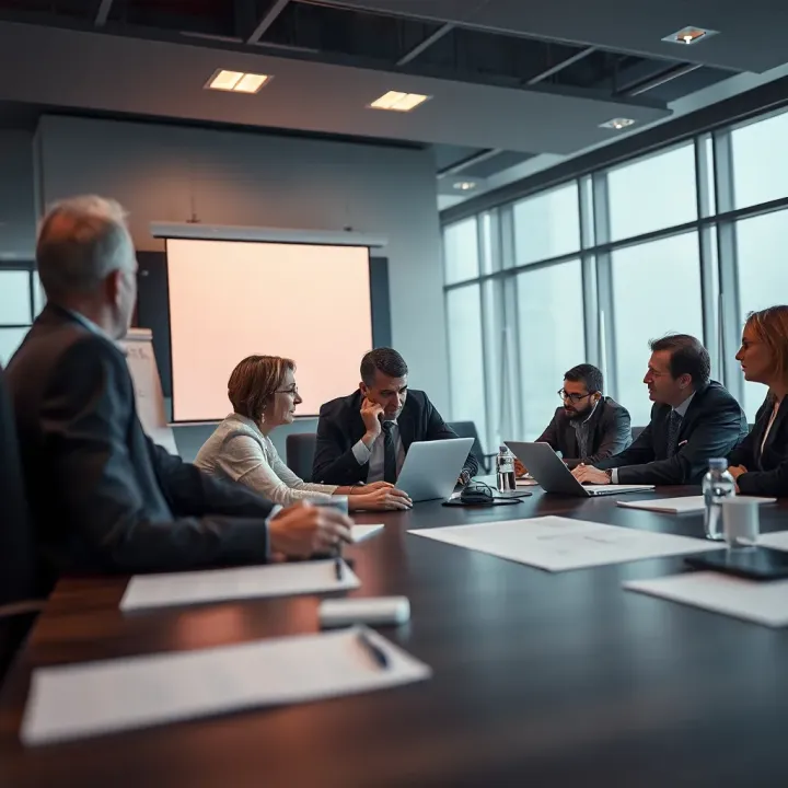 Collaborative Business Strategy Meeting for Risk Management Business professionals discussing strategies around a conference table