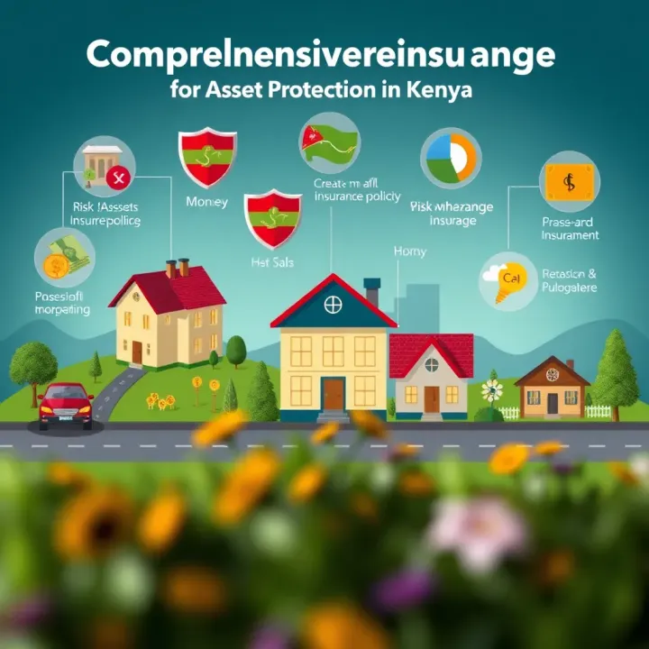 Illustration showing diverse types of insurance policies protecting various assets including property, vehicles, and health in Kenya