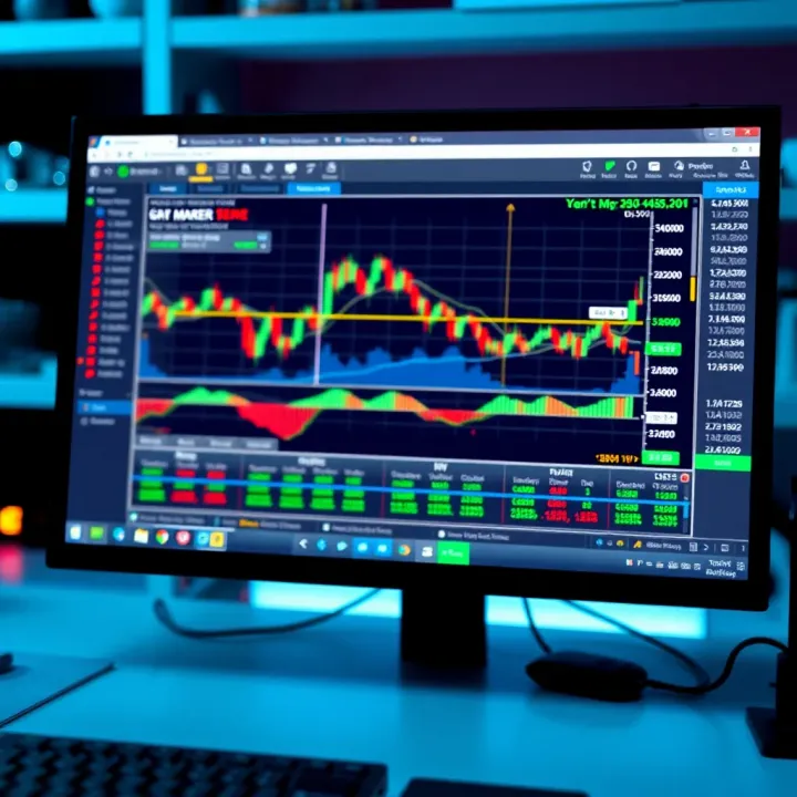 Illustration showing a computer screen displaying automated trading software interface with financial charts