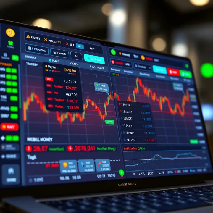 Illustration of a digital trading platform interface showing investment options and payment methods including mobile money