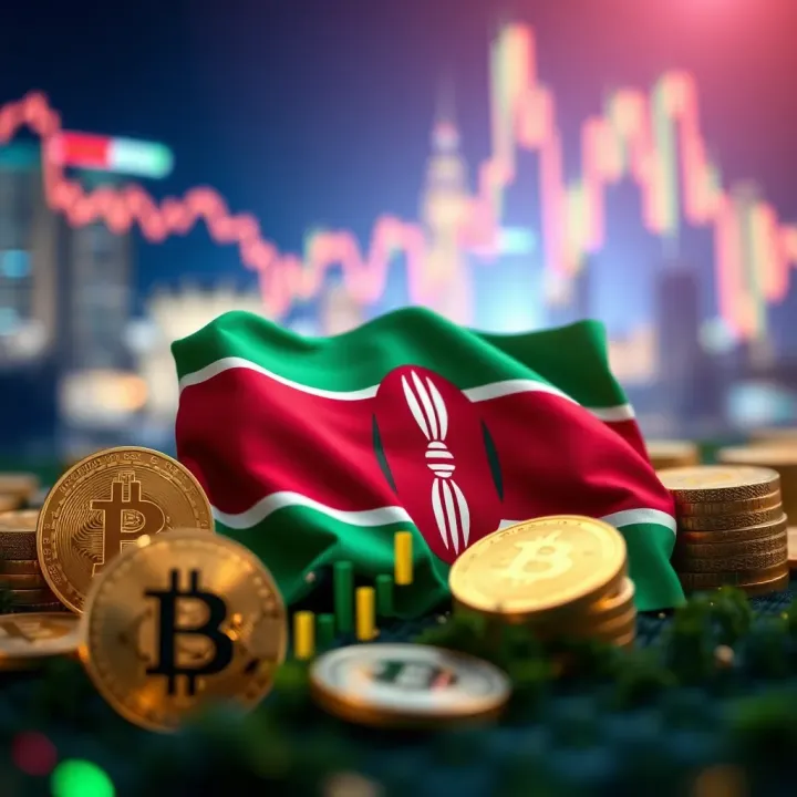 Illustration of Kenyan flag combined with digital currency symbols representing local crypto trading market