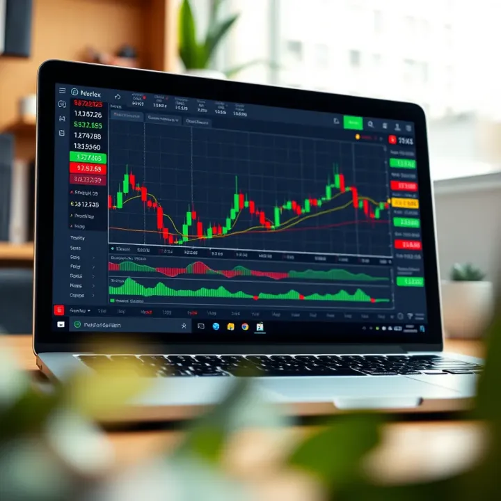 A laptop screen showing a forex trading platform with multiple currency pairs and live market data