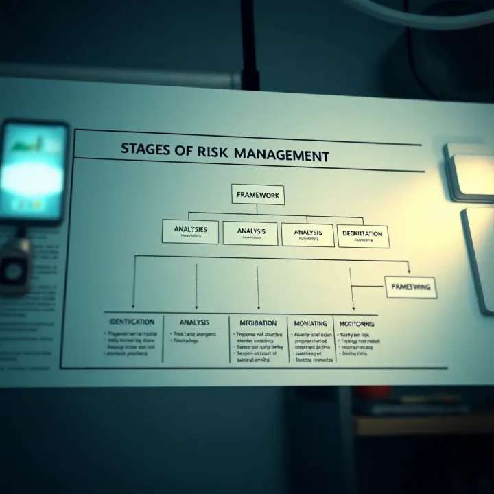 Flowchart illustrating stages of risk management including identification, analysis, mitigation, and monitoring