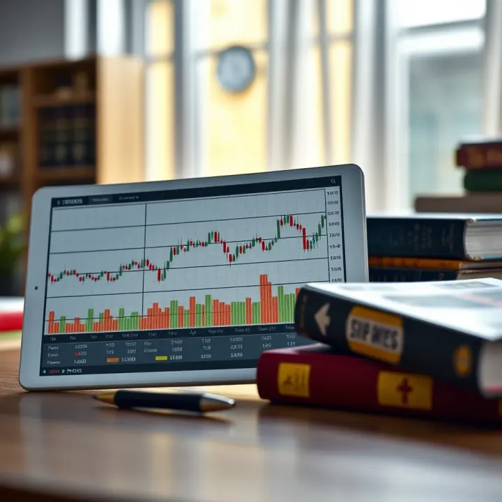 A chart showing currency exchange trends alongside forex trading books