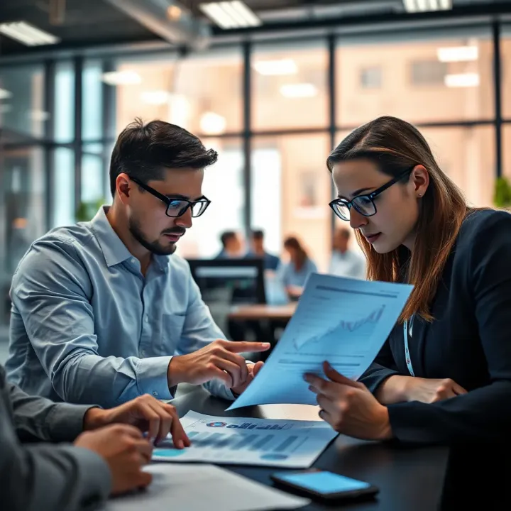 Business team analyzing risk assessment reports with digital tools
