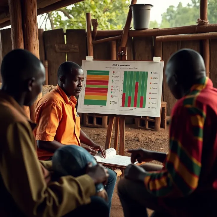Illustration of a community workshop in Kenya reviewing risk assessment charts and discussing mitigation strategies