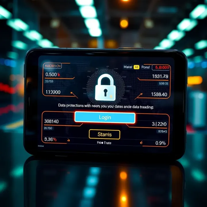 Secure login screen emphasizing data protection and user authentication features in a trading app