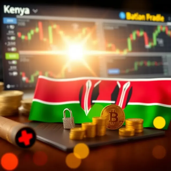 Conceptual graphic showing secure online trading with Kenyan flag colors and financial icons