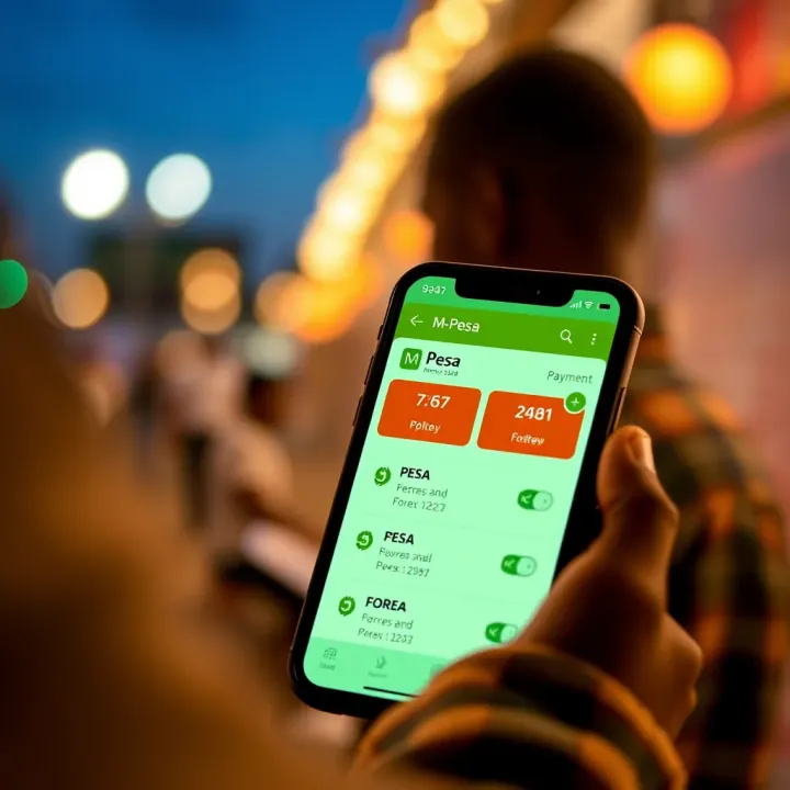 Using M-Pesa for Forex Trading Transactions in Kenya Mobile phone displaying M-Pesa app with forex trading payment options