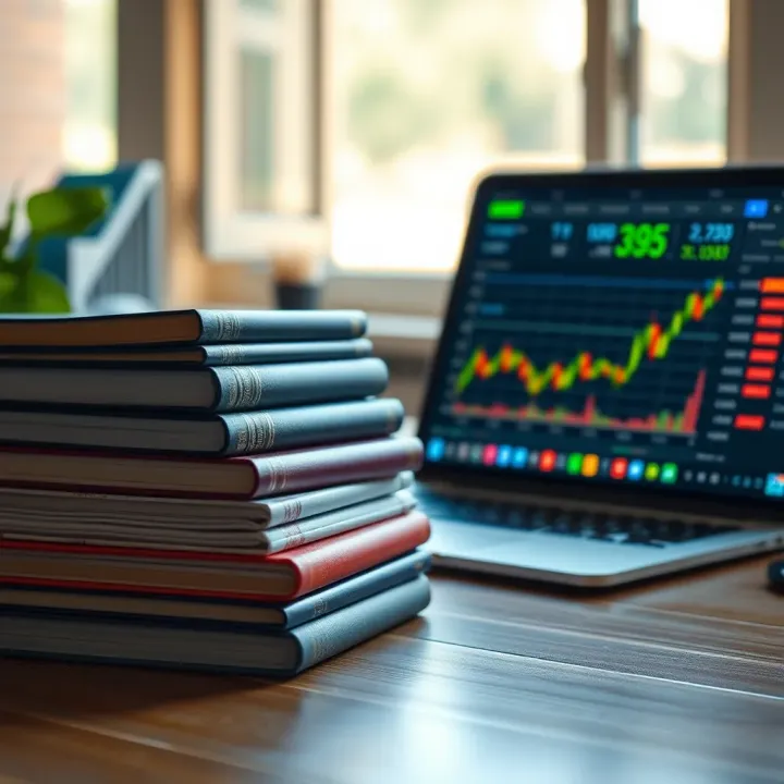 Stack of books on a wooden desk with a laptop displaying currency exchange rates