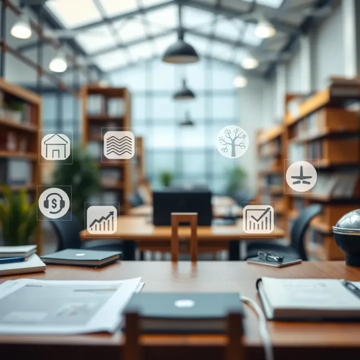 Business environment with icons representing various types of risks such as financial, operational, and strategic risks
