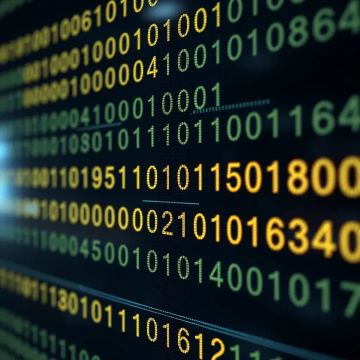 Illustration of a binary code sequence represented by alternating zeros and ones on a digital screen