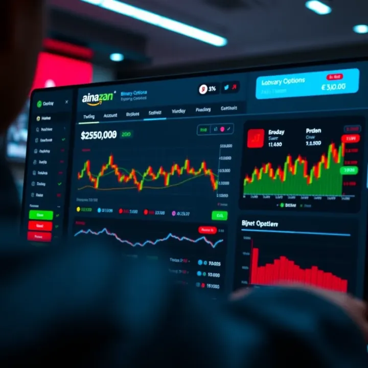 Screenshot of a binary options trading dashboard showing account overview and trading options
