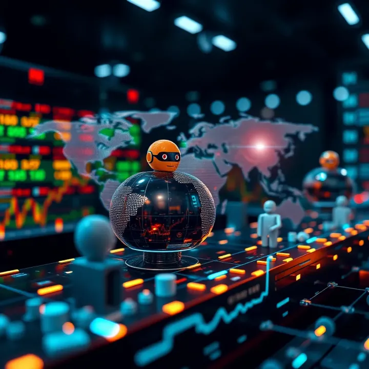 Visual representation of different types of forex trading bots connected to a global trading network