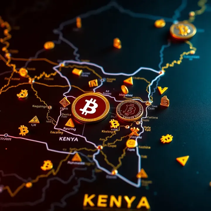 Digital representation of cryptocurrency symbols over a map of Kenya highlighting trading hubs
