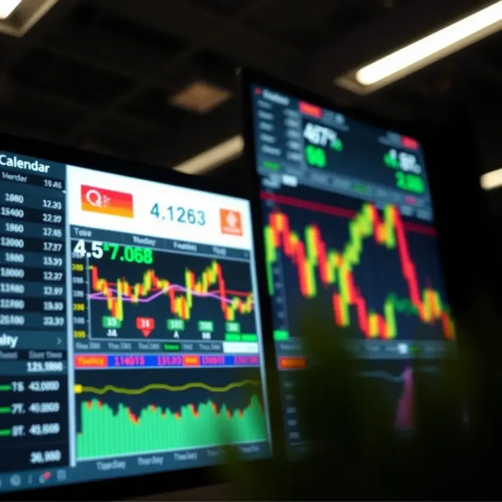 Financial charts displaying market trends alongside an economic calendar on a digital screen
