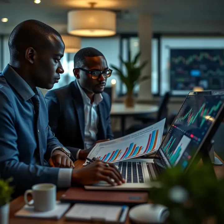 Business professionals analyzing risk data charts in an office setting