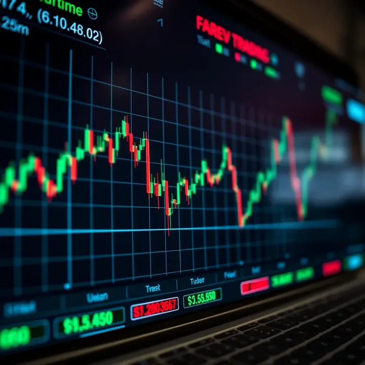 Graph showing currency exchange rates fluctuating over time on a digital trading platform