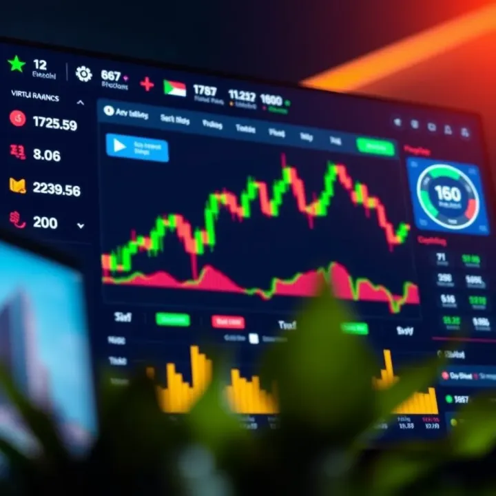 Forex trading platform interface showing a demo account dashboard with virtual currency balance and chart analysis