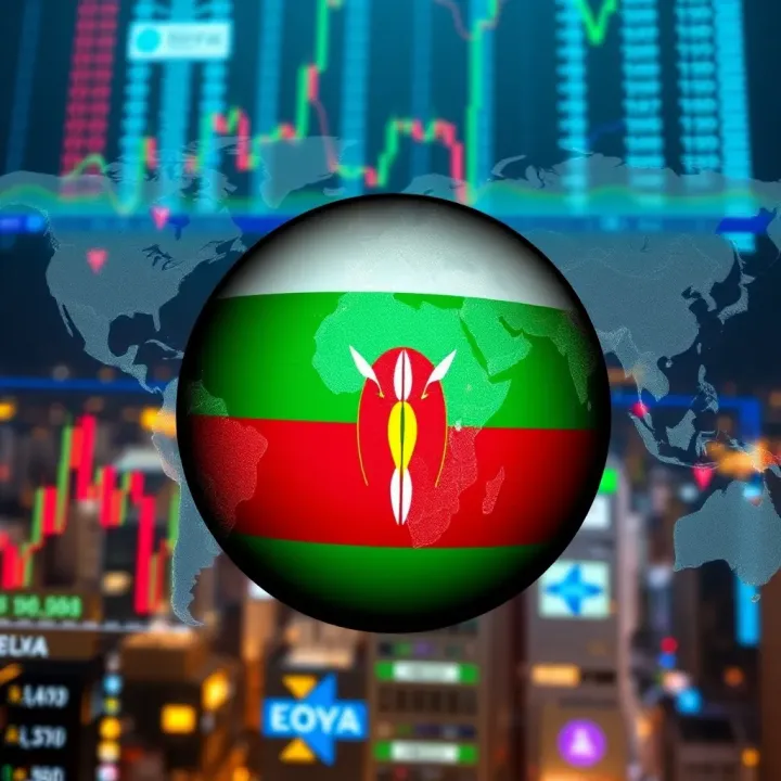 Illustration of Kenyan flag overlaying a global currency market network