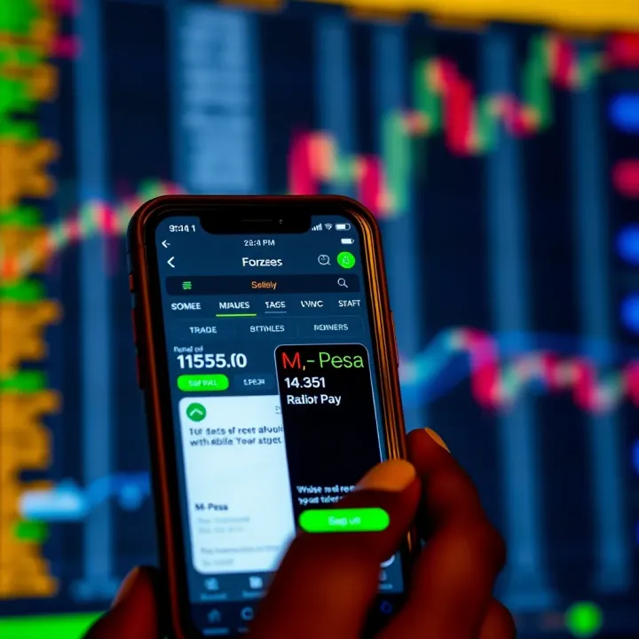 Mobile phone displaying a forex trading app interface with M-Pesa payment option visible