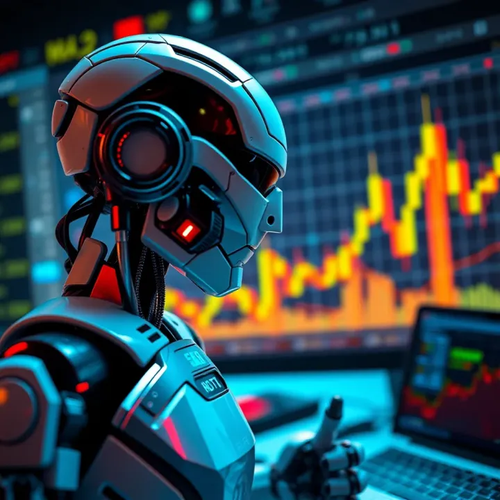 Automated Binary Trading with Free Bots Graphic illustrating automated binary trading with digital charts and robotic elements