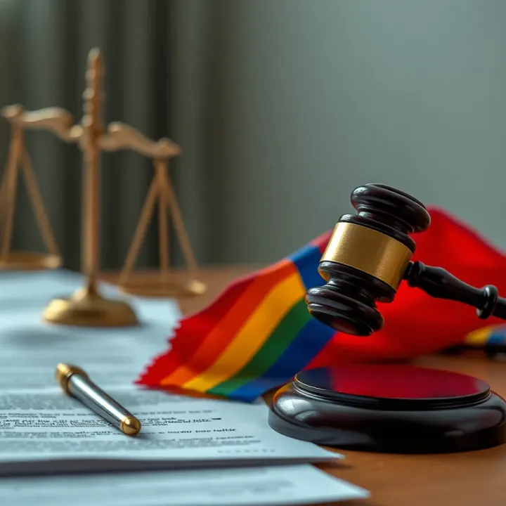 Symbolic representation of legal documents and a rainbow flag highlighting advocacy for rights