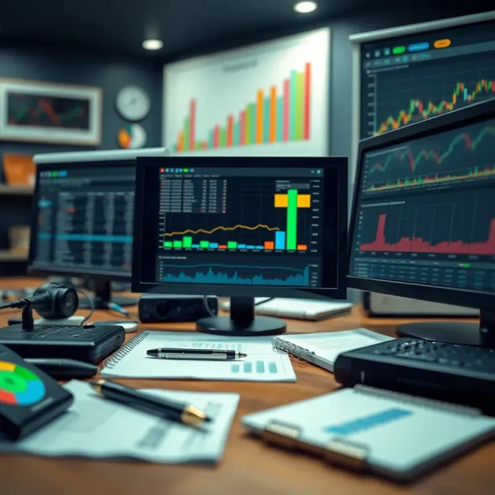 Illustration of tools like charts, graphs, and computer systems used for managing financial risks in Kenyan businesses